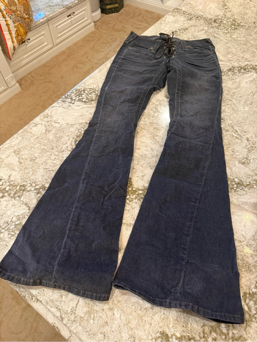 True Religion Dark Indigo Corduroy Lace-Up Flare Jeans